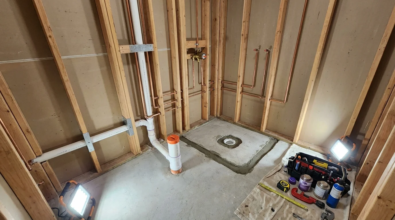 Bathroom rough-in plumbing during remodel by Johns Plumbing LLC in Montegut