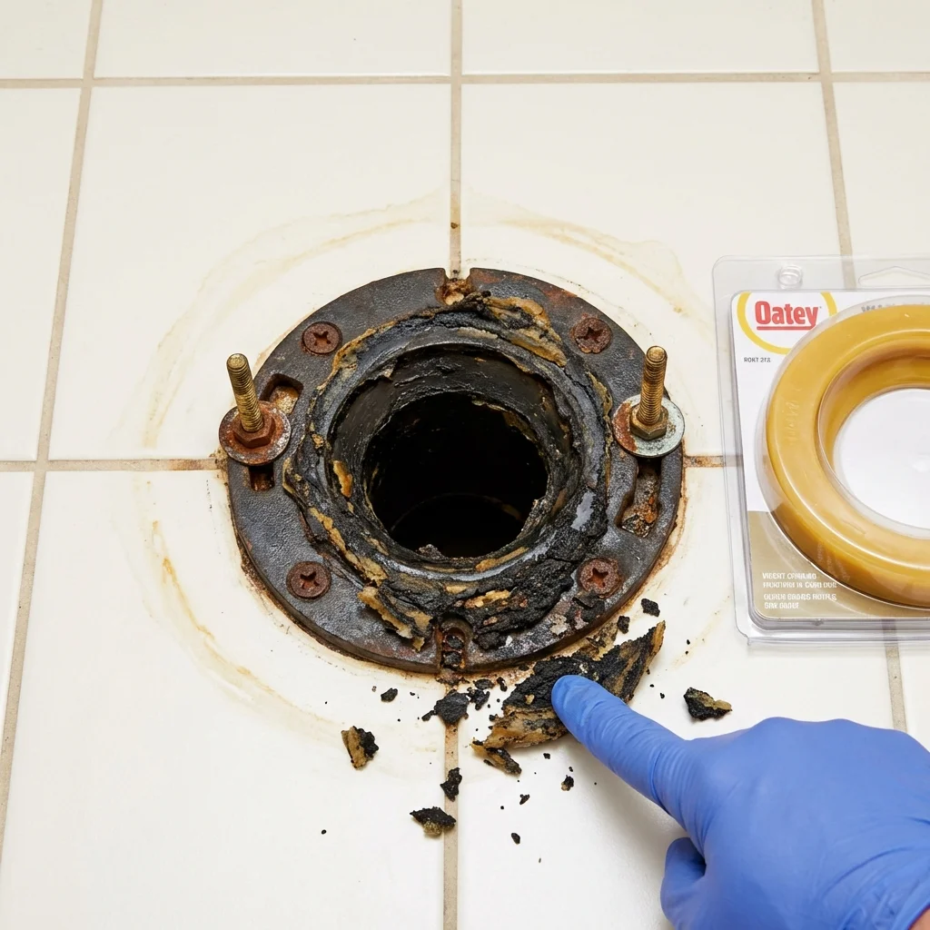 Failed wax ring showing water seepage at the base of a toilet in a Montegut, LA home