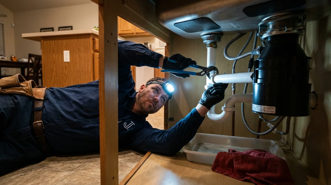 P-trap and supply line connections under a kitchen sink showing a common leak point in Montegut, LA